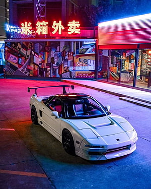 White Widebody JDM Sports Car Parked in Neon-Lit Cyberpunk City Street at Night HD phone wallpaper