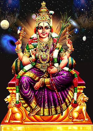 Lalitha Devi seated on a golden throne with lions, holding a trident and sword in a cosmic setting HD phone wallpaper