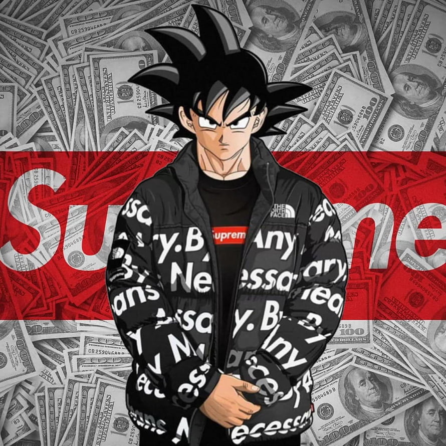 Goku in Supreme and The North Face Streetwear with Money Background HD phone wallpaper