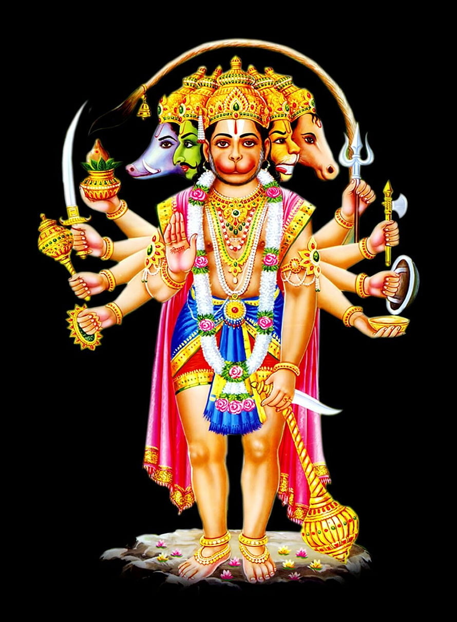 Panchamukha Hanuman Five-Faced Hindu Deity Illustration with Traditional Weapons and Ornaments, Panchamukha Hanuman, panchmukhi hanuman HD phone wallpaper
