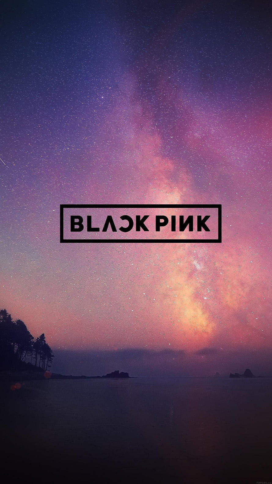 Blackpink Logo Over a Vibrant Purple and Pink Starry Night Sky with Silhouetted Trees and Water HD phone wallpaper