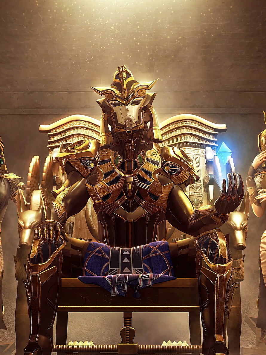 Golden Pharaoh X Suit Character Seated on Ornate Throne in PUBG Mobile HD phone wallpaper