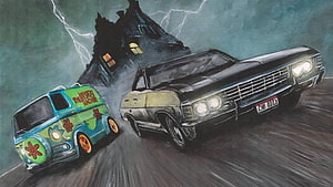 Supernatural Impala and Ecto-1 Van Racing Toward a Haunted House HD wallpaper