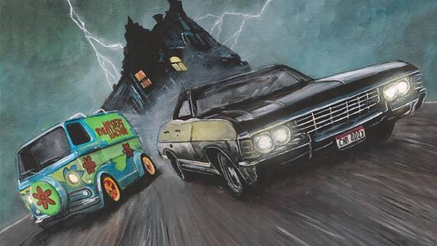 Supernatural Impala and Ecto-1 Van Racing Toward a Haunted House HD wallpaper