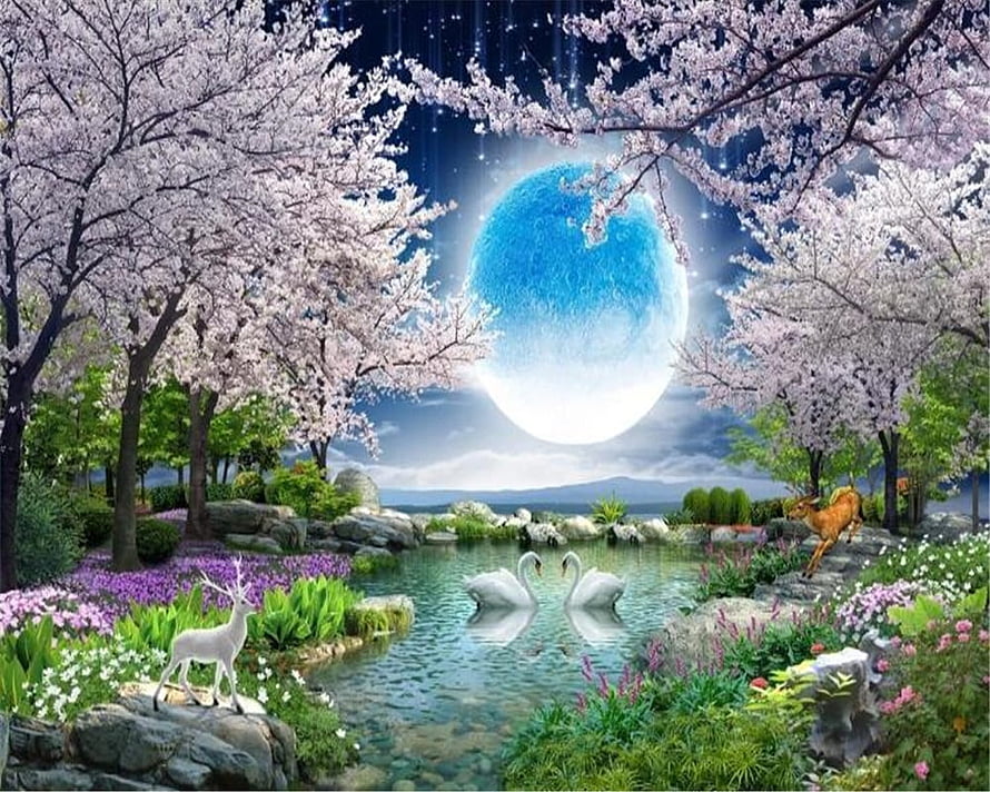 Fantasy Night Garden with Cherry Blossoms, Swans, Deer, and a Glowing Blue Moon HD wallpaper
