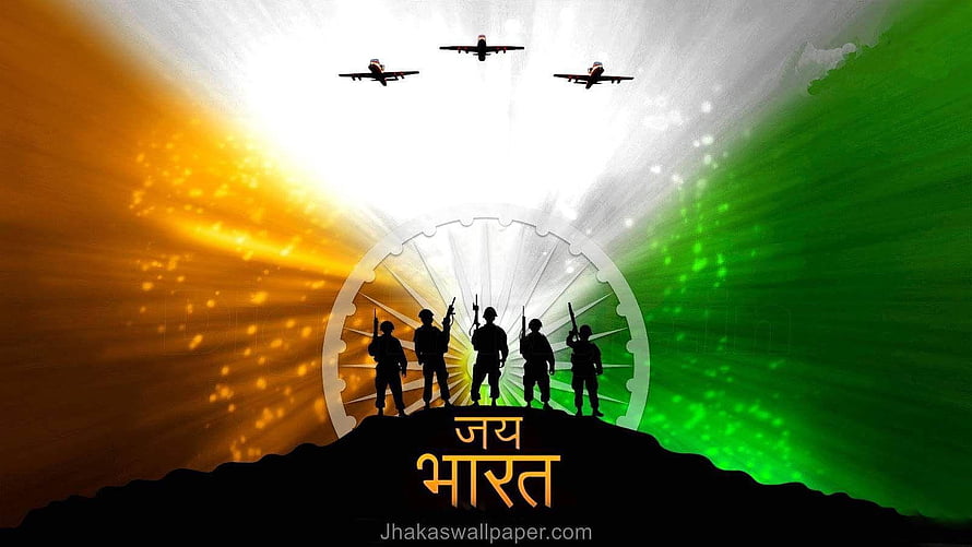 Indian Army Silhouettes With Ashoka Chakra And Tricolor Sky For Independence Day HD wallpaper