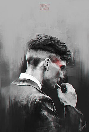 Tommy Shelby Digital Art Portrait Smoking Cigarette in Monochrome Style HD phone wallpaper