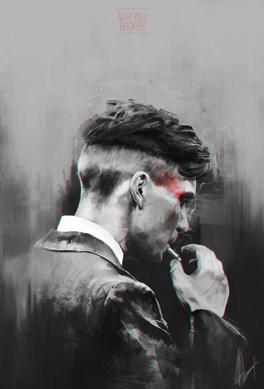 Tommy Shelby Digital Art Portrait Smoking Cigarette in Monochrome Style HD phone wallpaper