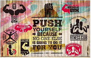 Retro Gym Motivational Quote Wall Art With Vintage Fitness Icons And Wood Texture HD wallpaper