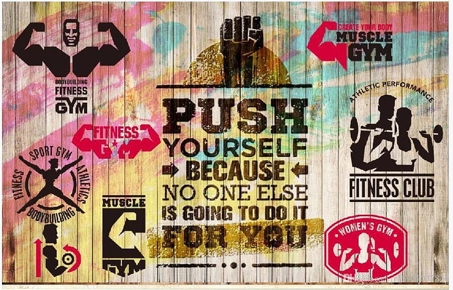 Retro Gym Motivational Quote Wall Art With Vintage Fitness Icons And Wood Texture HD wallpaper