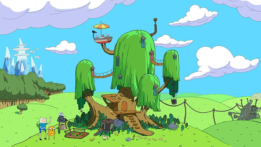 Adventure Time Treehouse Scene with Finn and Jake in the Land of Ooo HD wallpaper