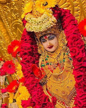 Meldi Maa Malataj adorned in gold jewelry and vibrant red rose garlands HD phone wallpaper