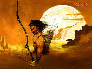 Muscular Archer Holding Bow And Quiver Against A Large Moon In Warm Orange Tones HD wallpaper