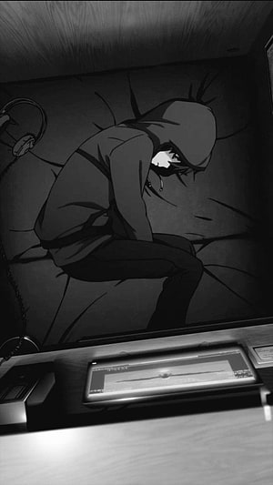 Hooded Anime Character Crouching in Dark Interrogation Room HD phone wallpaper