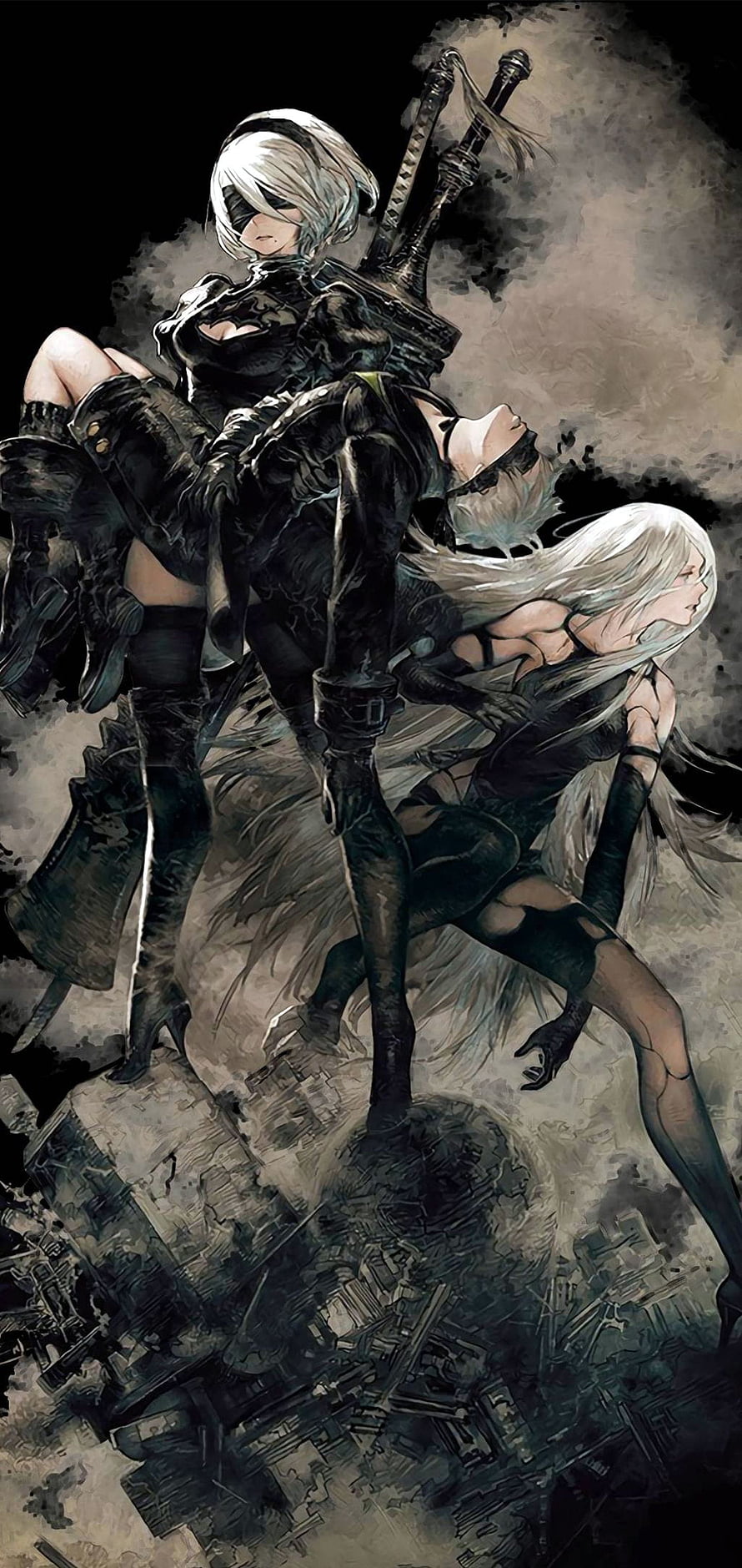 NieR: Automata 2B and A2 in Dark Watercolor Illustration HD phone wallpaper
