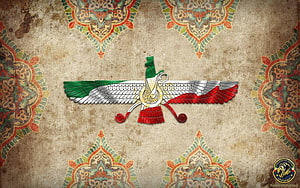Iranian National Emblem with Persian Flag Colors on Ornate Patterned Background HD wallpaper