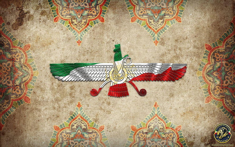 Iranian National Emblem with Persian Flag Colors on Ornate Patterned Background HD wallpaper