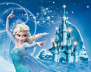 Elsa Creating Ice Castle in Frozen Winter Fantasy Scene HD wallpaper