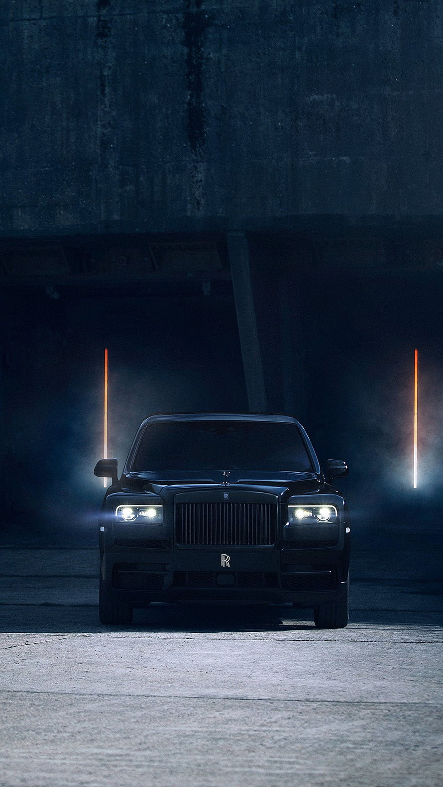 Rolls-Royce Cullinan Black Badge Front View in Dark Industrial Setting HD phone wallpaper