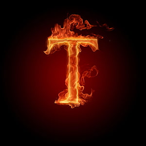 Flaming Letter T Fire Typography on Dark Red Background HD phone wallpaper