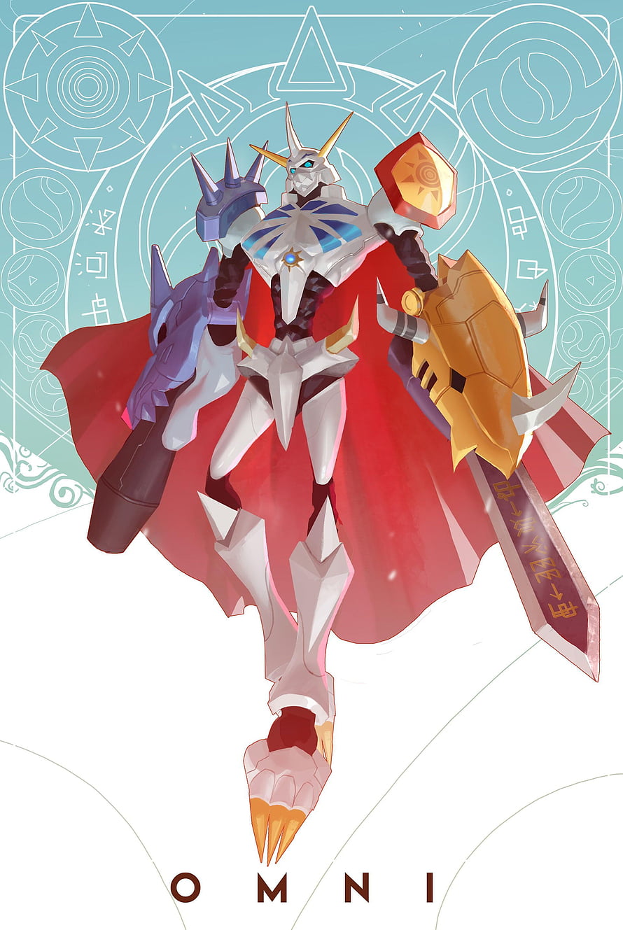 Omnimon Digital Warrior in White Armor with Red Cape and Golden Sword HD phone wallpaper
