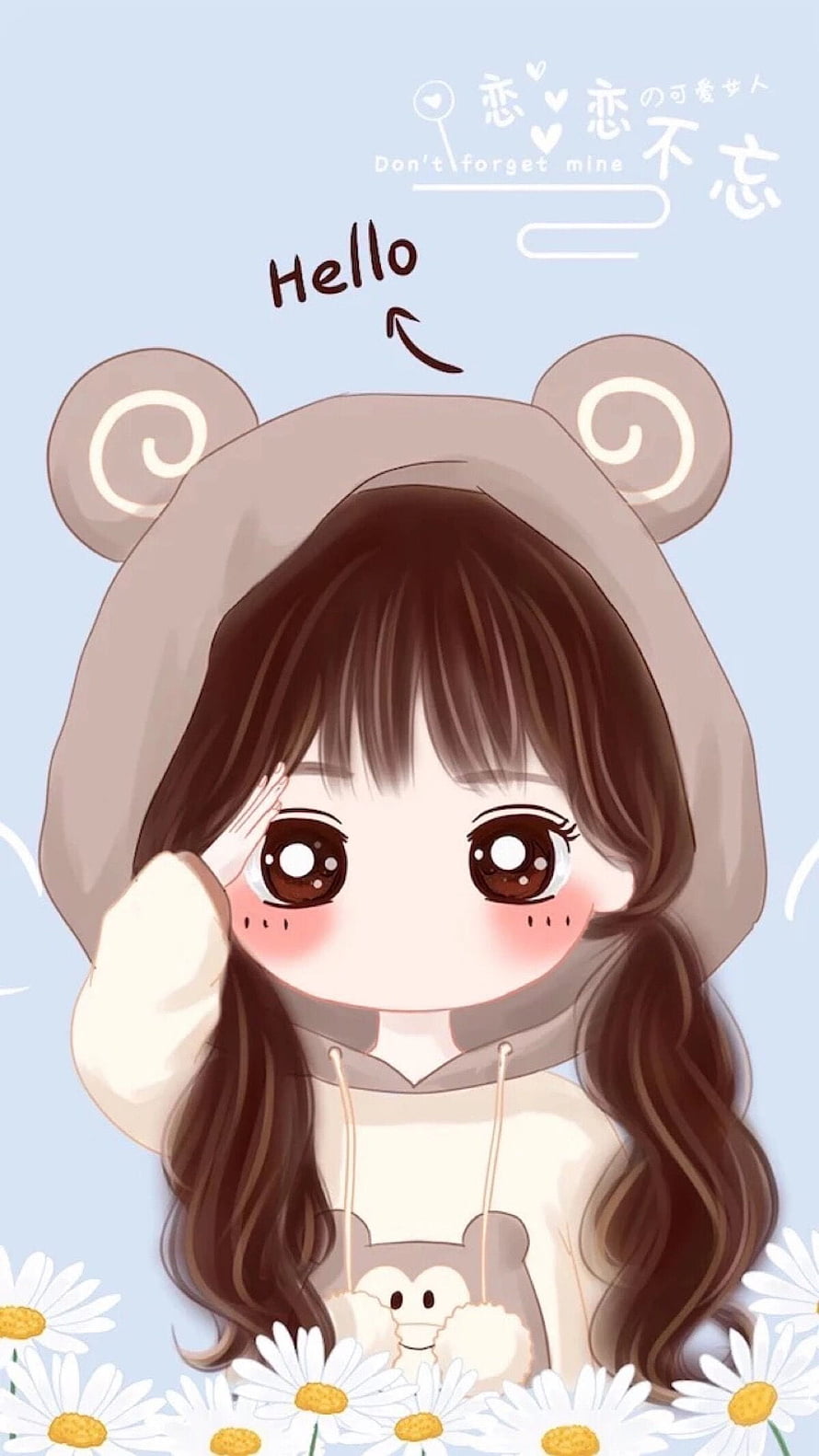 Cute Anime Girl in Bear Hoodie with Daisies and Hello Text HD phone wallpaper