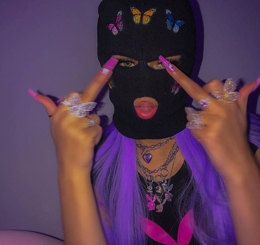 Purple Hair and Black Ski Mask Portrait with Butterfly Embellishments HD wallpaper