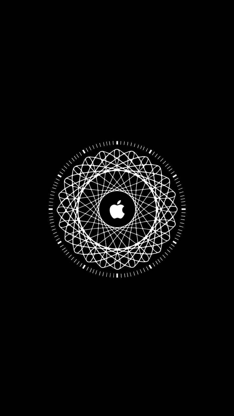Apple Logo Centered in Intricate White Geometric Mandala Pattern on Black Background HD phone wallpaper