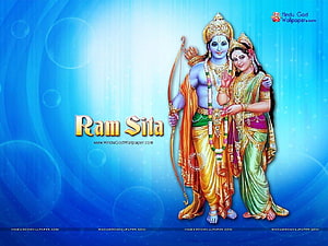Ram and Sita Divine Couple Illustration with Bow and Arrow on Blue Background HD wallpaper