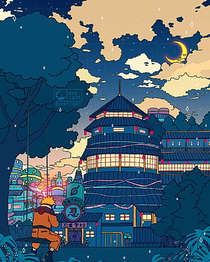 Naruto Uzumaki Sitting on a Swing in a Stylized Nighttime Village Landscape HD phone wallpaper