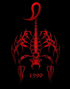 Red Tribal Scorpion Tattoo Design with 1990 Text on Black Background HD phone wallpaper
