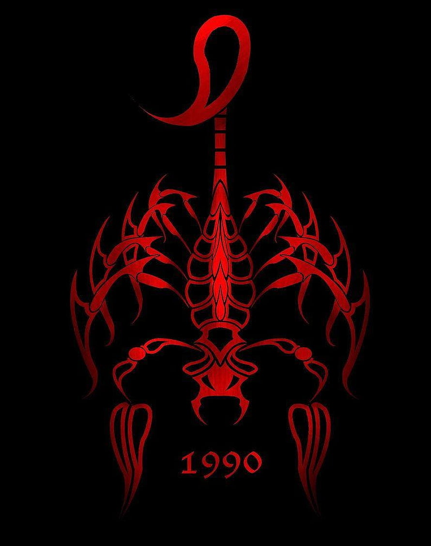 Red Tribal Scorpion Tattoo Design with 1990 Text on Black Background HD phone wallpaper