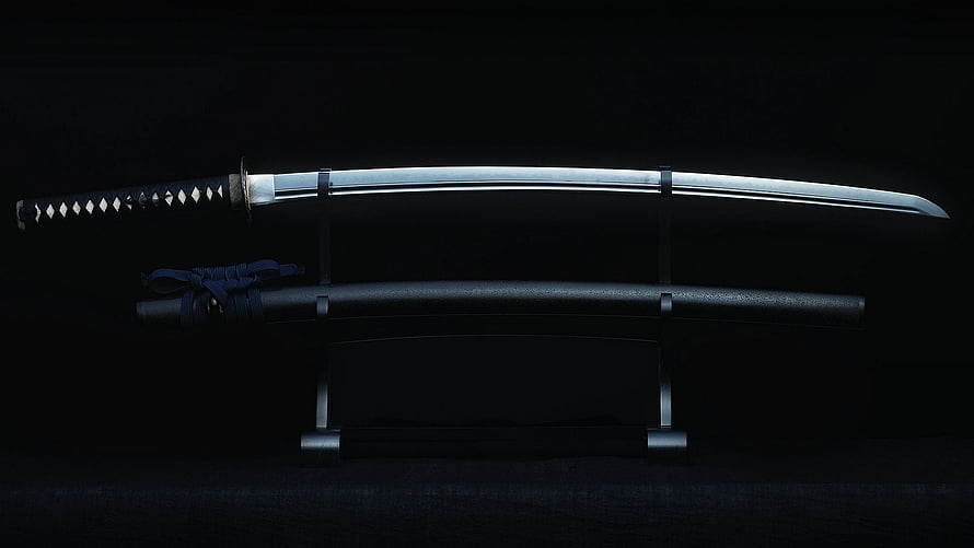 Traditional Japanese Katana Sword Displayed on Stand with Sheath Against Dark Background HD wallpaper
