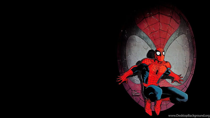 Spider-Man Crouching in Front of Stained Glass Spider Emblem on Black Background HD wallpaper