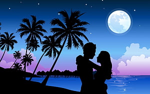 Romantic Couple Silhouette Under Full Moon on Tropical Beach at Night HD wallpaper