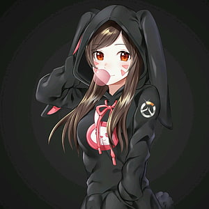Anime Girl in Black Bunny Hoodie with Bubblegum and Overwatch Emblem HD wallpaper