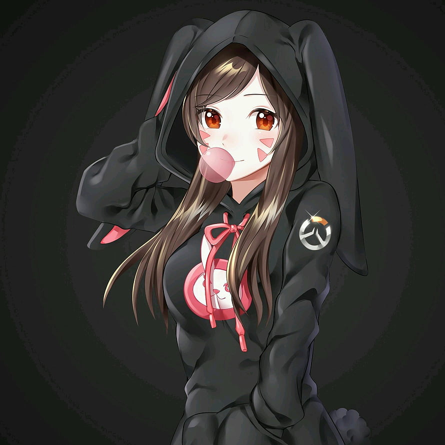Anime Girl in Black Bunny Hoodie with Bubblegum and Overwatch Emblem HD wallpaper
