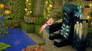 Minecraft Warden and Axolotl in a Lush Jungle Biome with Glowing Fireflies HD wallpaper