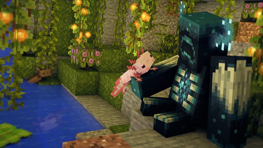 Minecraft Warden and Axolotl in a Lush Jungle Biome with Glowing Fireflies HD wallpaper