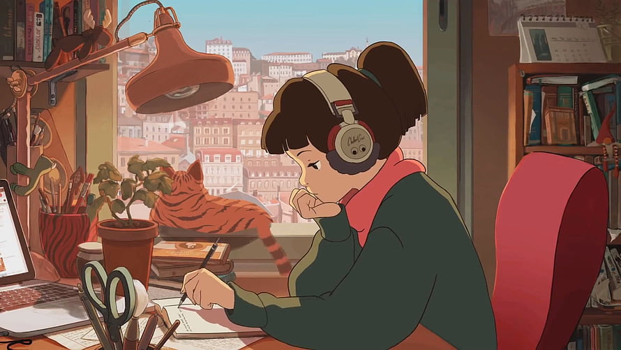 Lofi Anime Girl Studying at Desk with Headphones and Cat in Cozy Room HD wallpaper