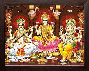 Mata Lakshmi, Devi Saraswati, and Lord Ganesha Traditional Indian Religious Painting HD wallpaper