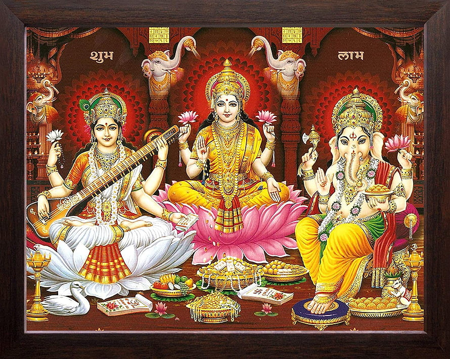 Mata Lakshmi, Devi Saraswati, and Lord Ganesha Traditional Indian Religious Painting HD wallpaper