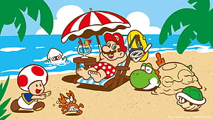 Mario Summer Beach Vacation with Toad, Bowser Jr., and Goombas in Retro Nintendo Art Style HD wallpaper