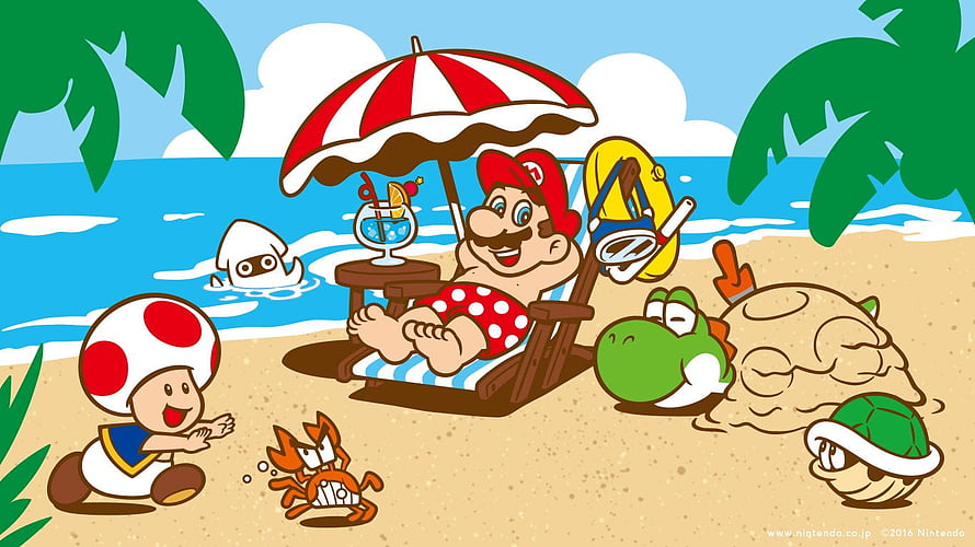 Mario Summer Beach Vacation with Toad, Bowser Jr., and Goombas in Retro Nintendo Art Style HD wallpaper