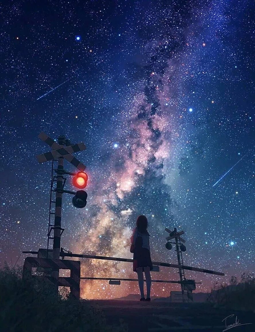 Anime Girl Standing at a Railway Crossing Under a Starry Night Sky HD phone wallpaper