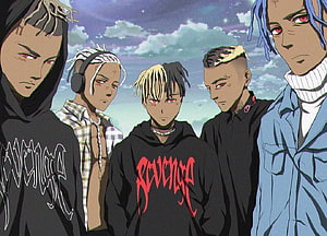 Five Anime Boys in Streetwear Hoodies and Shirts Under a Cloudy Sky HD wallpaper
