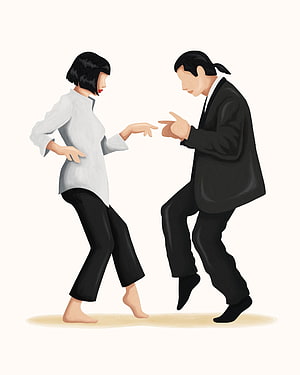 Pulp Fiction Twist Dance Scene with Mia Wallace and Vincent Vega in Stylized Illustration HD phone wallpaper