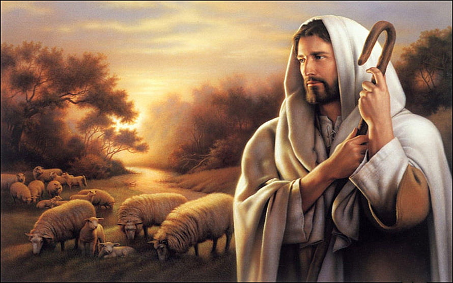 Jesus as the Good Shepherd with Flock at Golden Hour HD wallpaper
