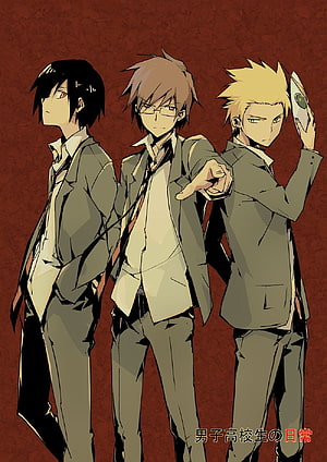 Three Anime High School Boys in Grey Suits Standing Against a Dark Red Background HD phone wallpaper