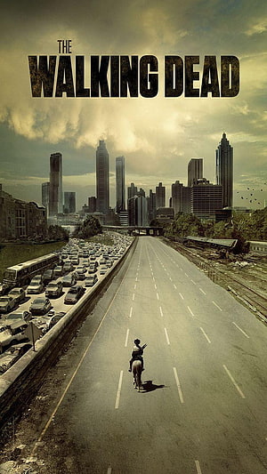 The Walking Dead Lone Rider on Empty Highway Toward Abandoned City Skyline HD phone wallpaper